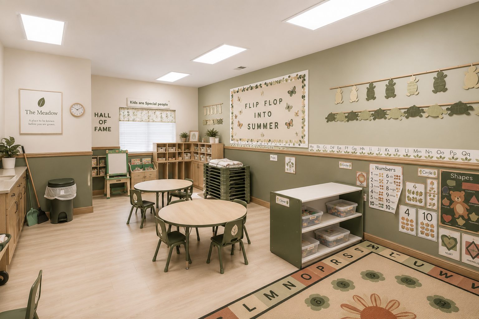 Rendering of the Clover classroom — small tables, sage chairs, cubbies, and soft natural light
