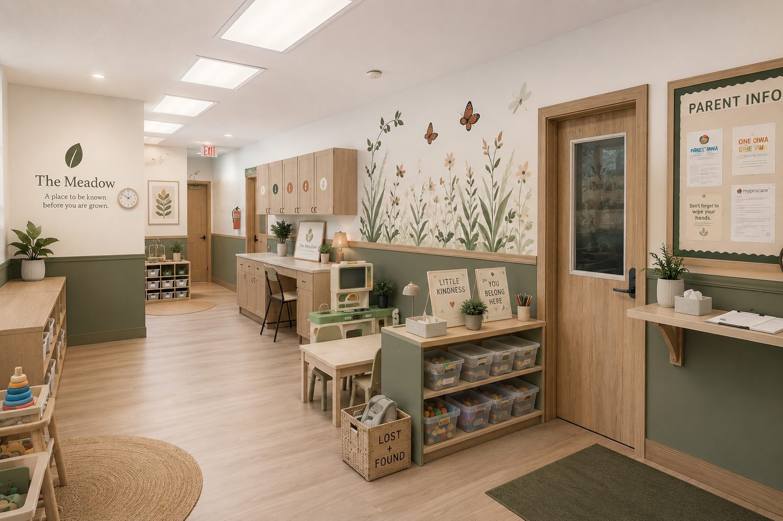 Rendering of the entry hall — parent information board, meadow mural, and the wordmark on a linen wall