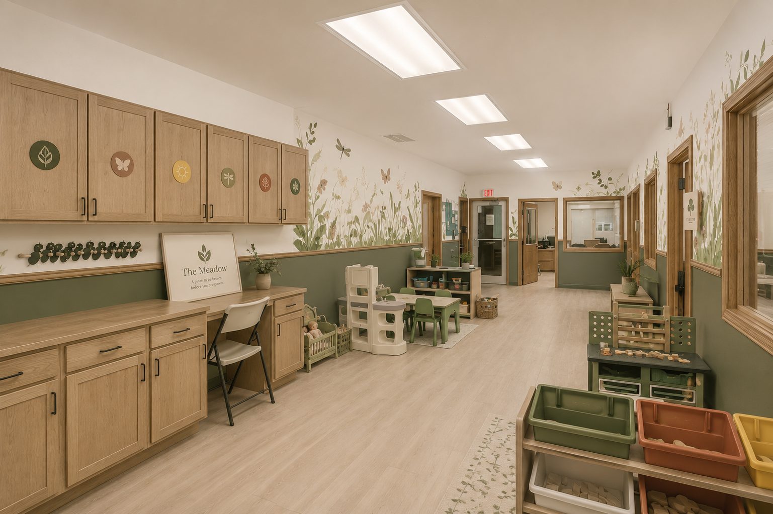 Rendering of the hallway with a painted meadow mural of grasses and butterflies above sage wainscoting