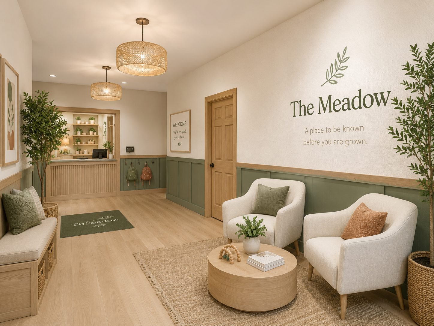 Rendering of The Meadow lobby — linen walls, sage wainscoting, warm wood, and the leaf mark beside the tagline
